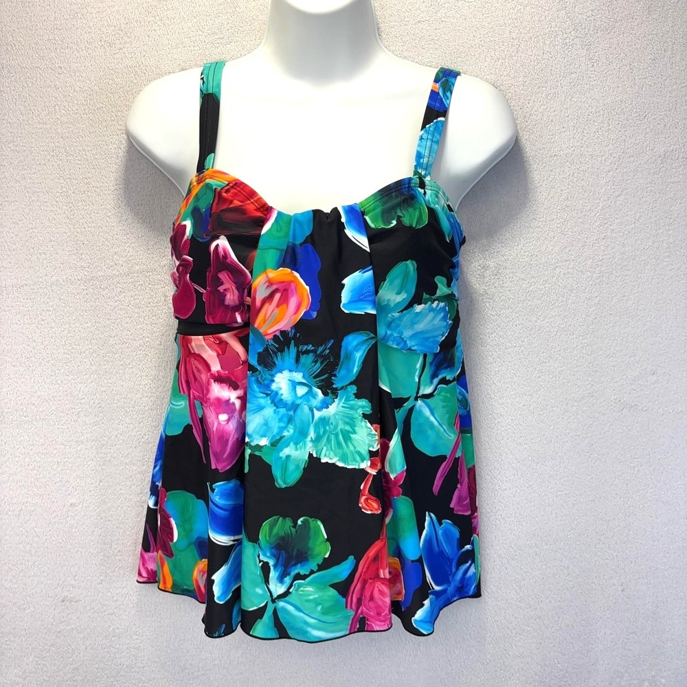 Mazu Swim Tankini‎ Swimsuit Top Womens 10 Black Floral Layered Wide Strap